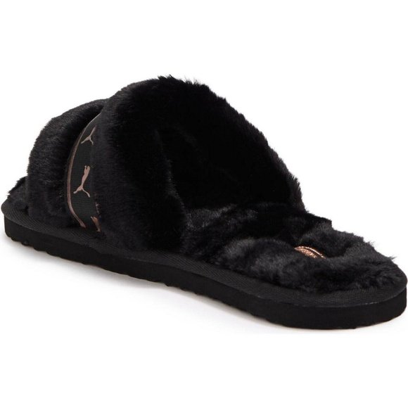 PUMA FLUFF REMIX FUR COMFORT GEL SLIDES SANDALS BLACK ROSE GOLD Size 8 - Picture 2 of 4